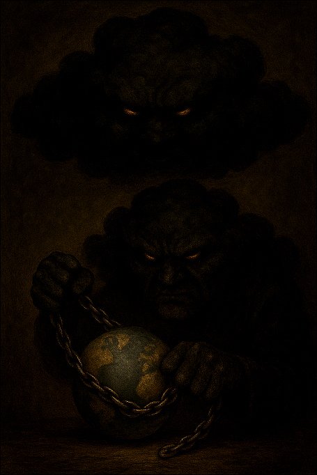 Dva črna oblaka, en drži Zemljo v verigah. 