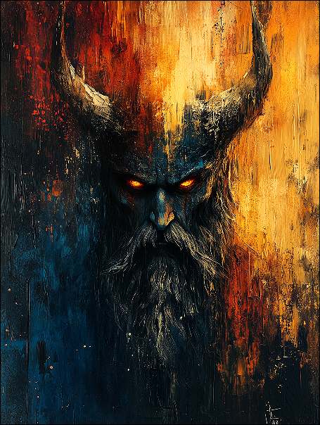 Skandinavski bog z rogovi in grozečimi očmi. 