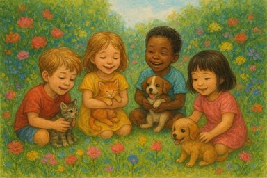 Otroci se igrajo z mladički na vrtu. 