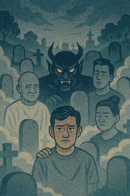 Ljudje na pokopališču, za njimi stoji demon. 