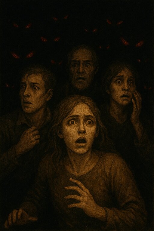 Skupina prestrašenih ljudi v temi. 