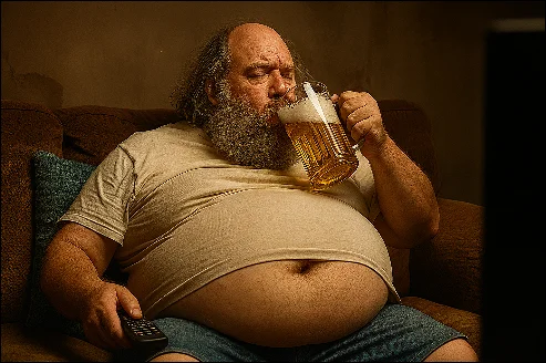Moški pije pivo na kavču. 