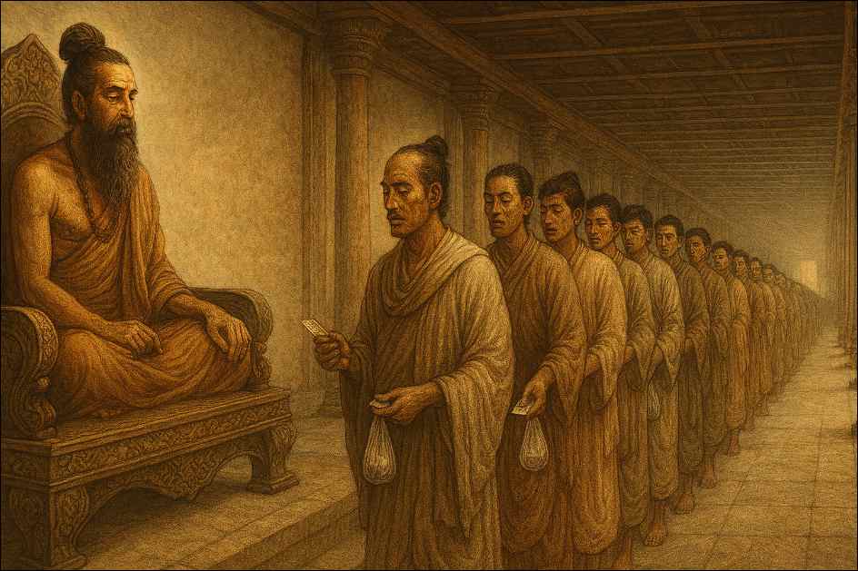 Kako kupiti Prebujanje v Čisto Zavedanje? Guru sedi, častilci stojijo v vrsti, da mu predajo denar. 