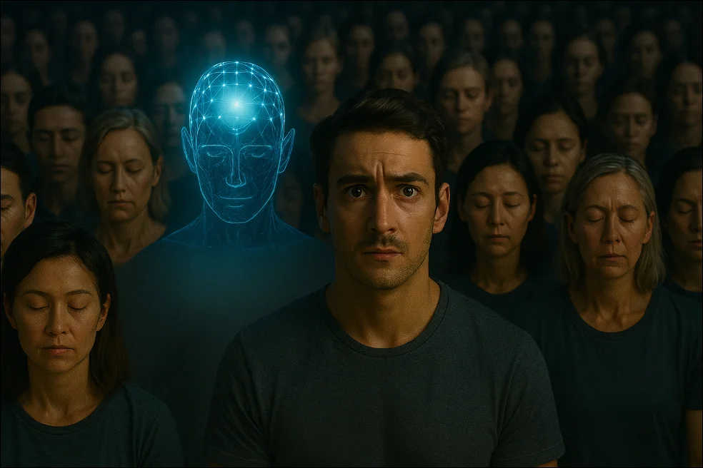 Ljudje stojiji z zaprtimi očmi, med njimi je svetlobno bitje. 