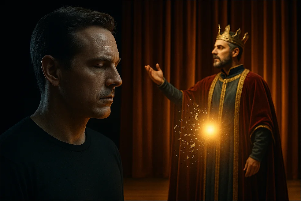 Moški stoji in gleda kralja na gledališkem odru. 