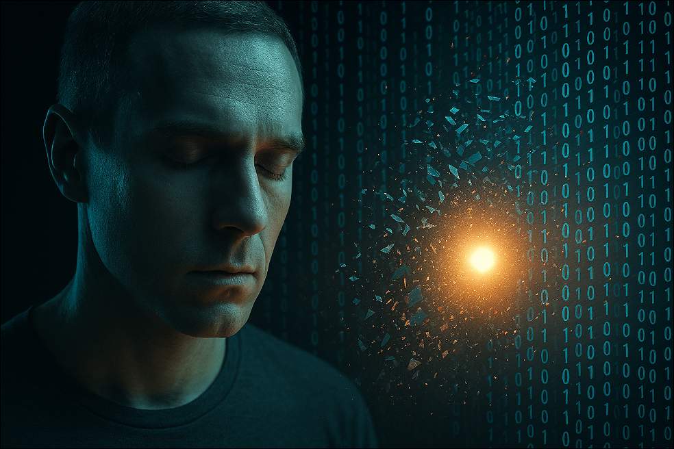 Moški miži, za njim je Matrica in podatki, ki razpadajo. 