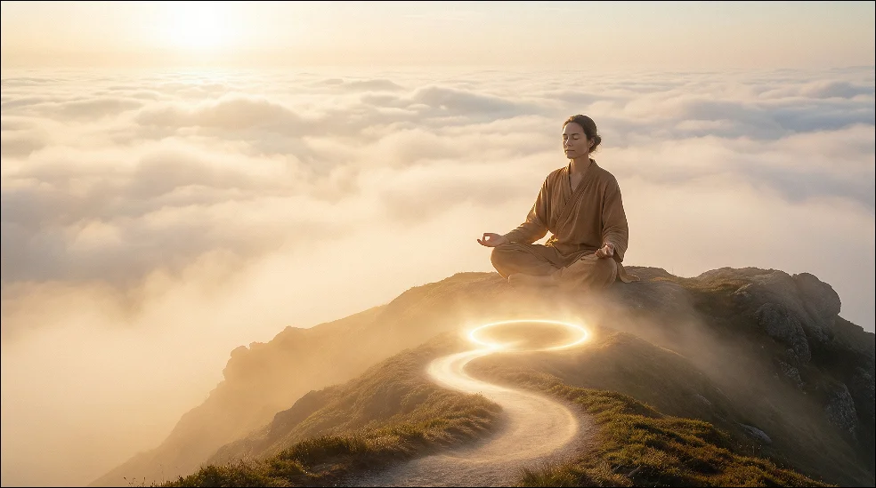 Ženska sedi na vrhu hriba in meditira. 