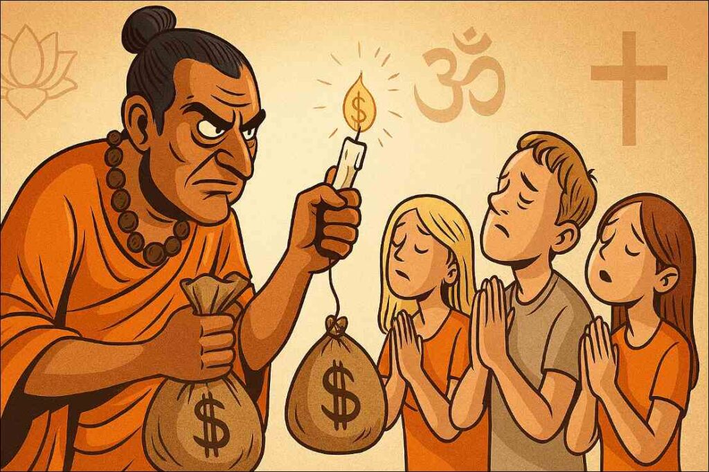 Guru s polnimi vrečami denarja in naivni verniki. 