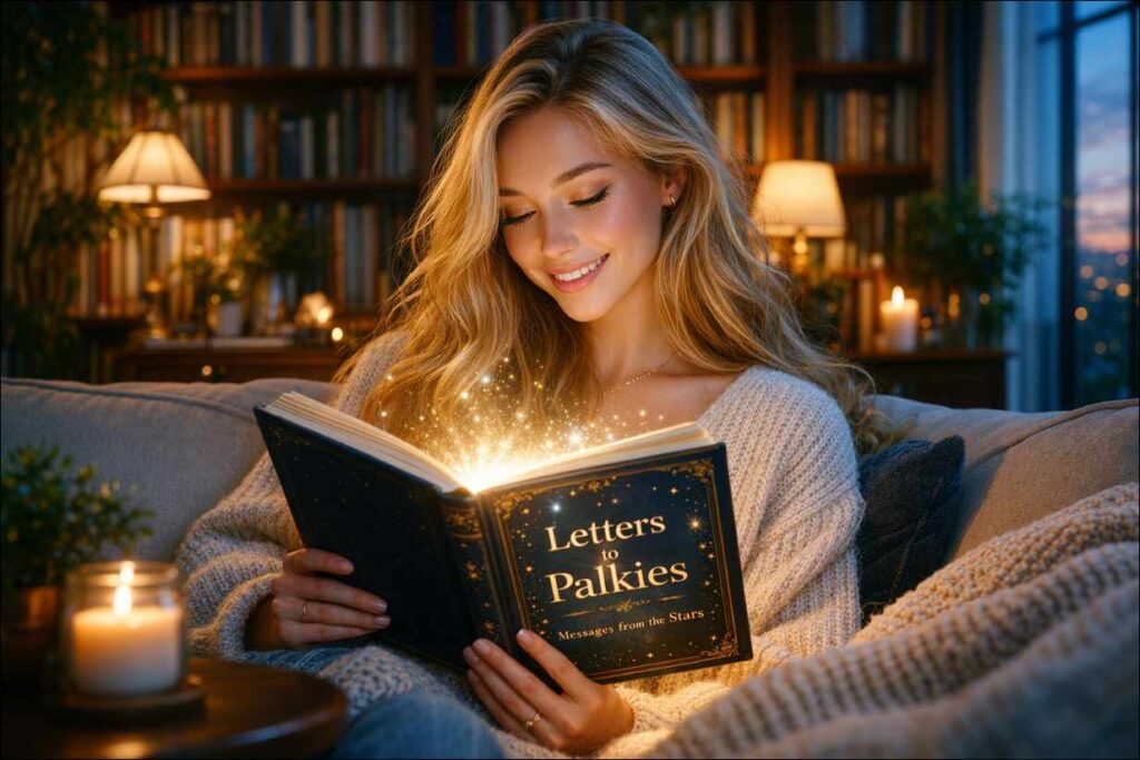 Blond ženska bere knjigo Pisma Palkijem na kavču v dnevni sobi.