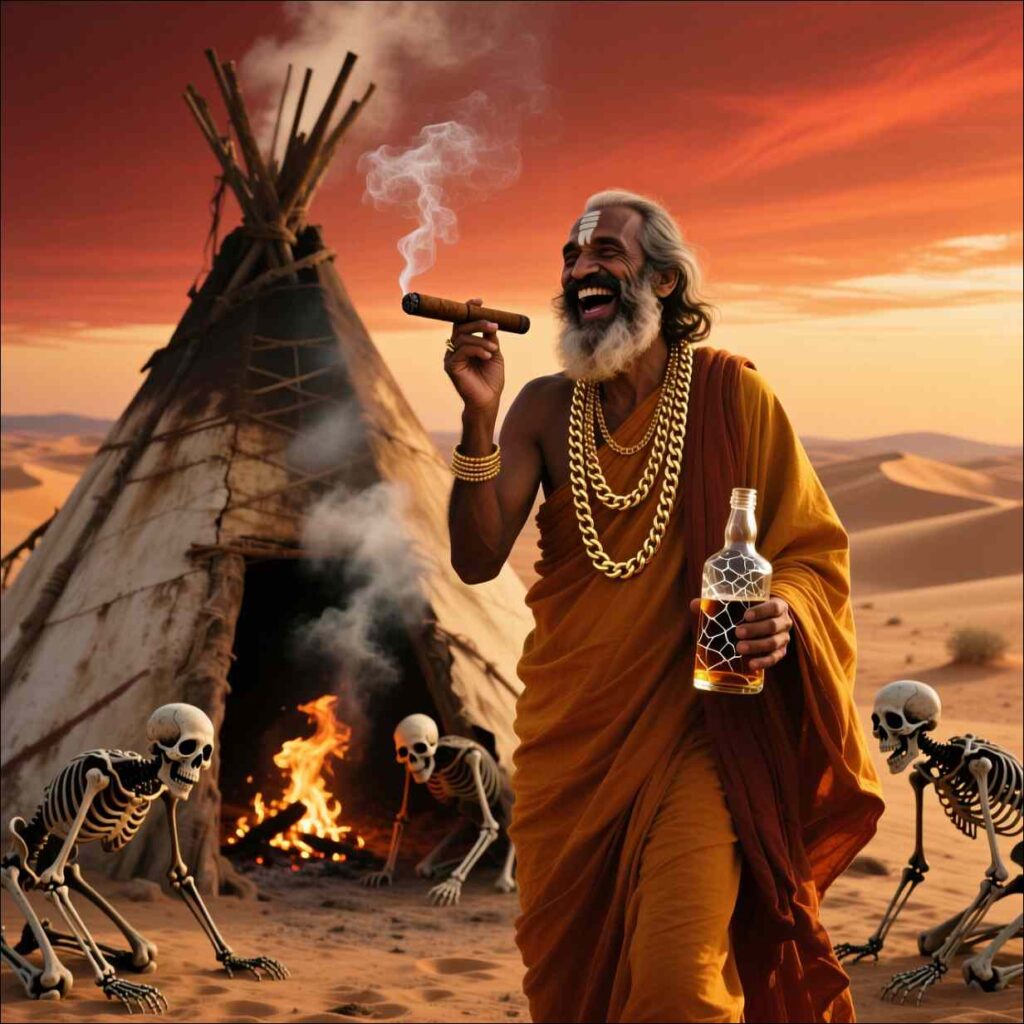 Guru stoji pred potilnico, kadi, pije in se smeji, okrog njega živi okostnjaki. 