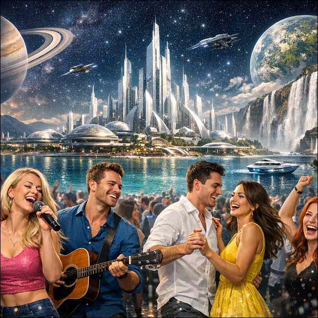 Ljudje plešejo in pojejo, zadaj je futuristično mesto. 