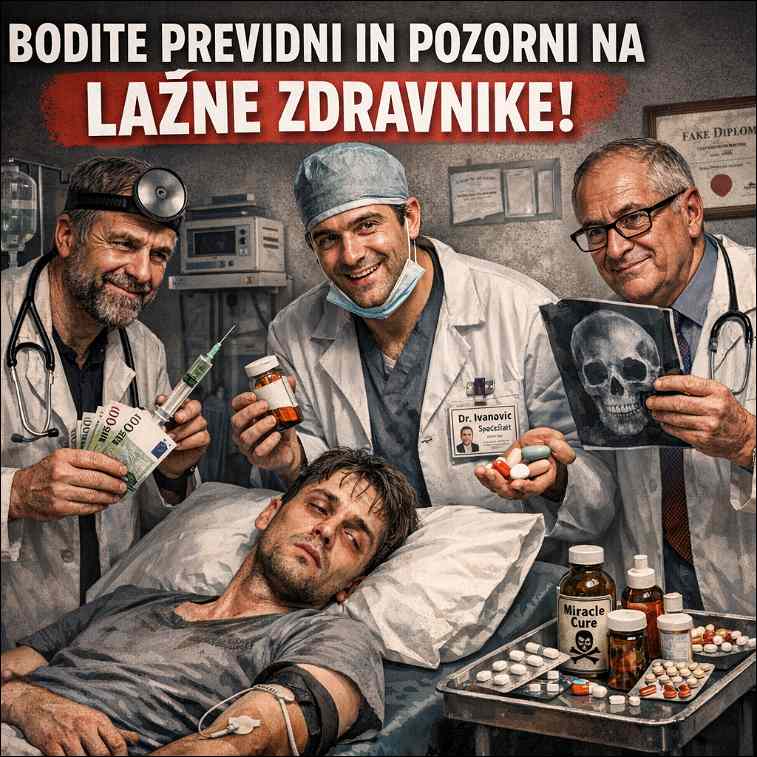 Lažni zdravniki okrog pacienta na postelji se smejijo. 