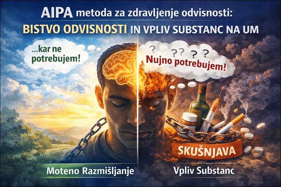 Človek v verigah, zraven njega so cigarete, alkohol in droge. 