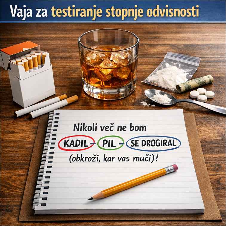 Zvezek in svinčnik na mizi za testiranje stopnje odvisnosti. 