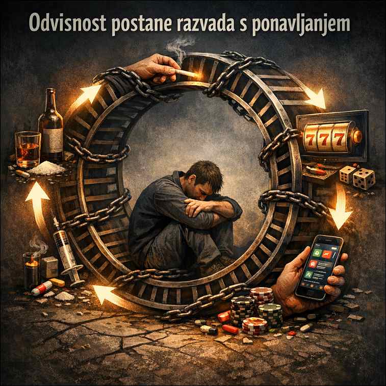 Moški sedi v valju, ki predstavlja začaran krog. 