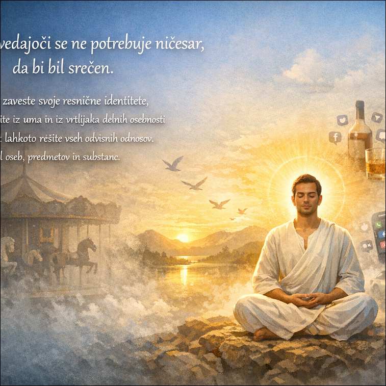 Moški v belem meditira, za njim je tempelj, mimo letijo bele ptice. 