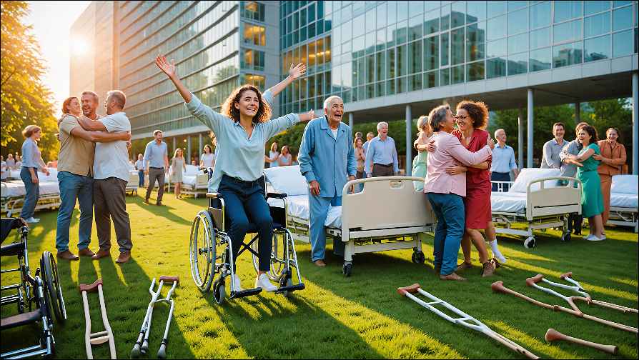 Ozdravljeni ljudje vstajajo iz bolniških postelj in invalidskih vozičkov ter opuščajo bergle. 