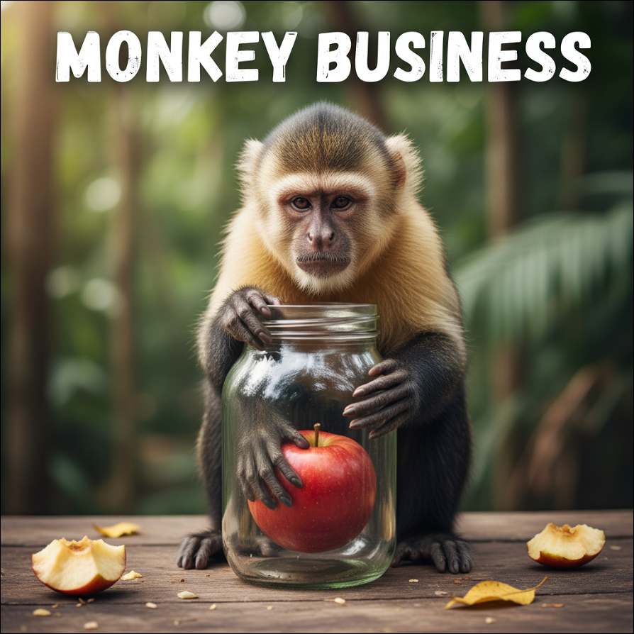 Opica ima roko v stekleni posodi in drži jabolko. 