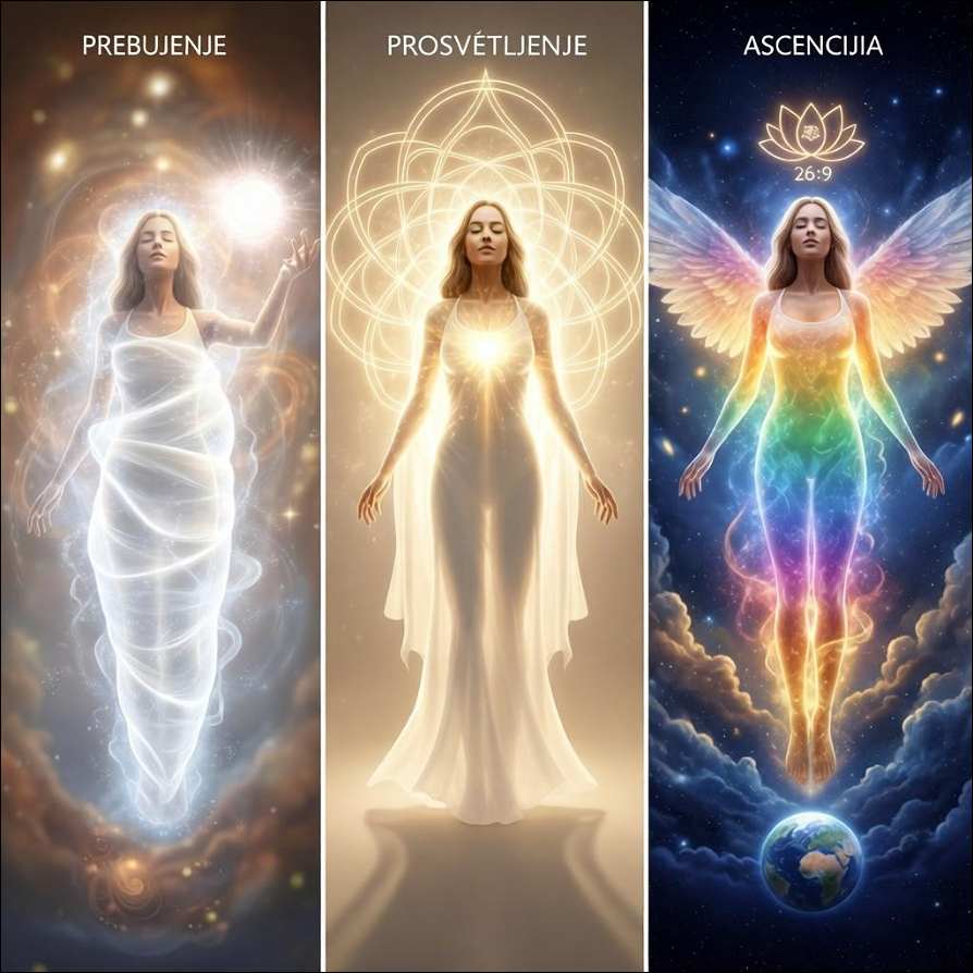 Tri ženske lebdijo v svetlobi, nad njimi so napisi - prebujenje, prosvetljenje in ascencija. 