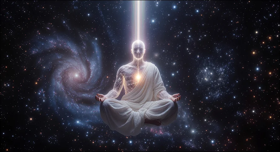 Moški meditira v vesolju, svetlobni žarek žari iz srca skozi glavo v vesolje. 