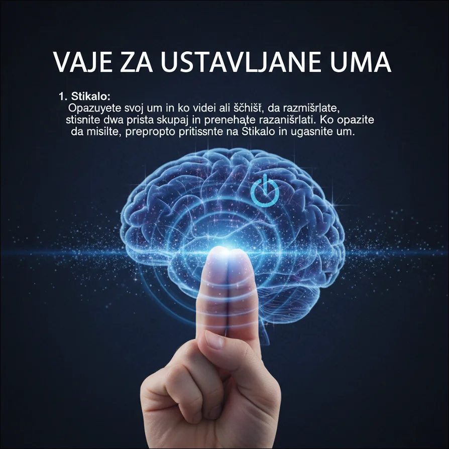 Človeška roka z dvema prstoma in um za vajo Stikalo za ustavljanje misli. 