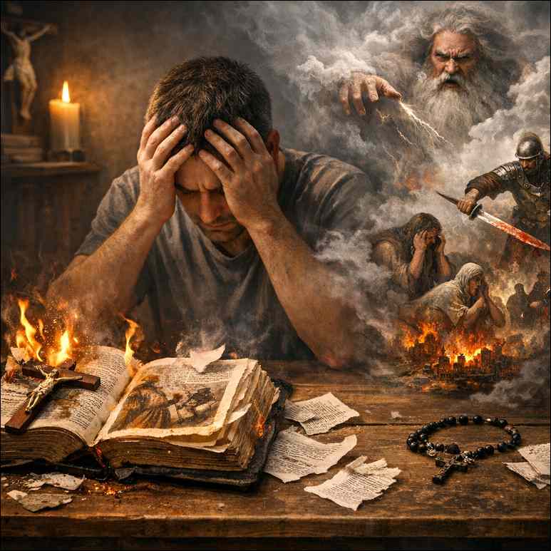 Moški sedi pri mizi, zaskrbljen, pred njim je goreča biblija in križ. 