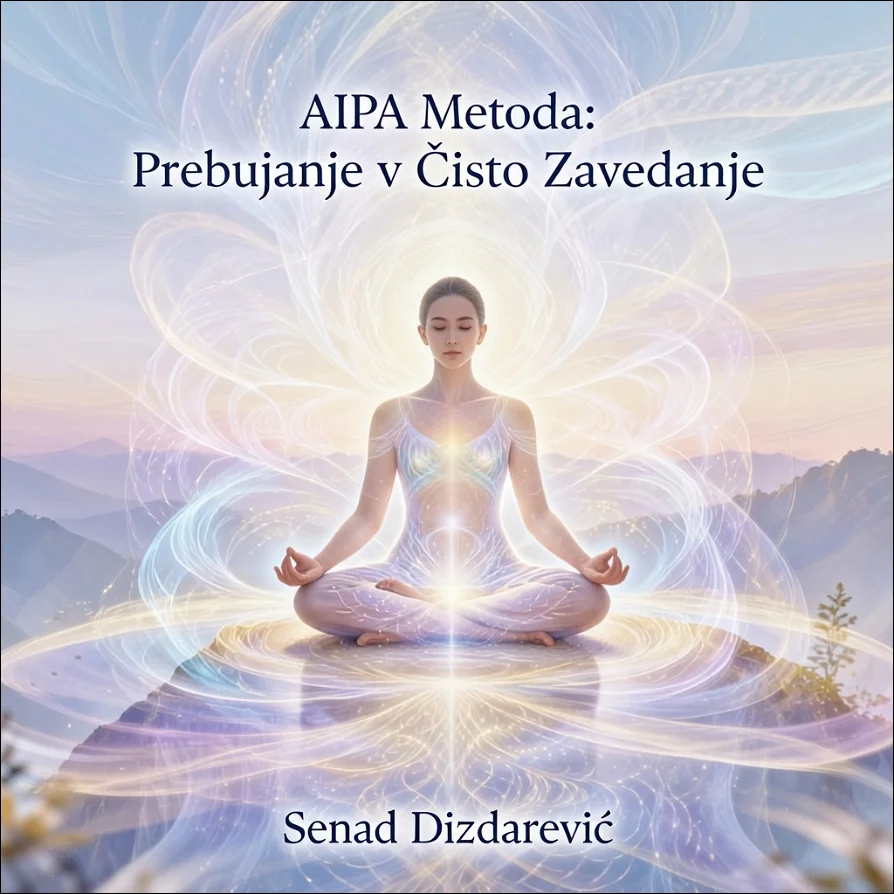 Ženska v belem sedi in meditira, nad njo je napis - AIPA Metoda: Prebujanje v Čisto Zavedanje, spodaj - Senad Dizdarević
