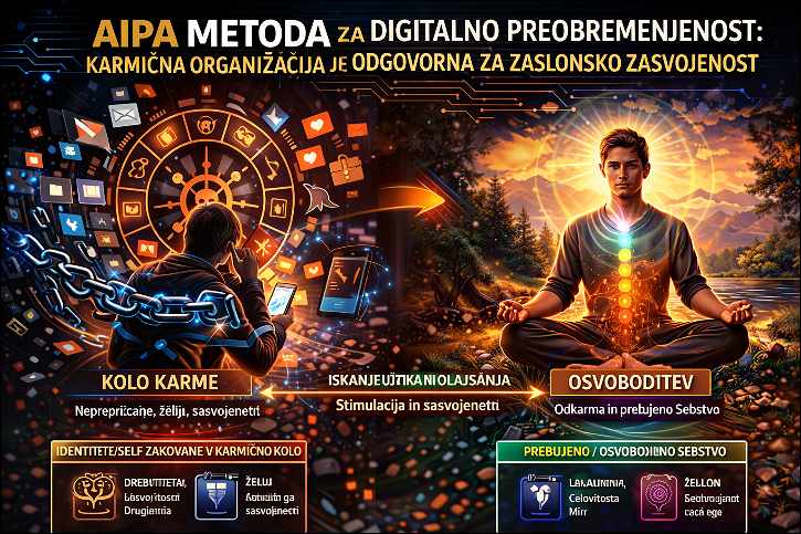 Na levi je moški priklenjen na telefon, na desni svobodni moški sedi in meditira.