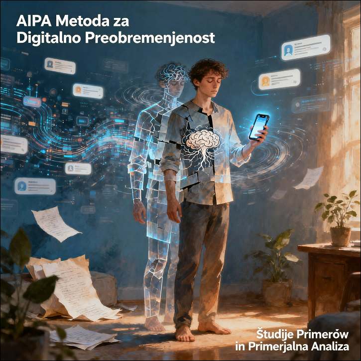 Moški stoji s telefonom v roki, za njim je energijsko telo.