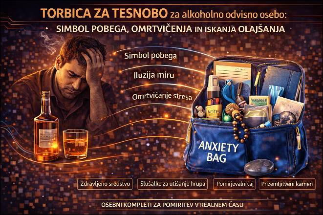Alkoholik s steklenico in kozarcem je močno zaskrbljen, na desni strani je torbica za tesnobo. 