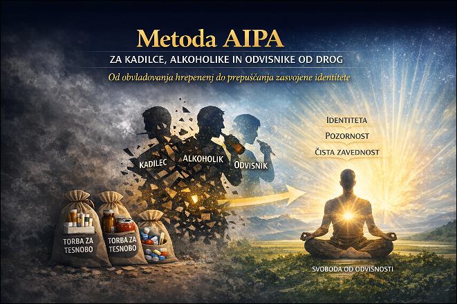 Torbice za tesnobo za kadilce, alkoholike in odvisnike od mamil: Kadilec, alkoholik in odvisnik od drog s torbicami za tesnobo, na desni je meditant, nad njimi napis AIPA Metoda. 