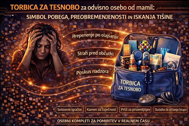 Odvisnik od drog je zaskrbljen, na desni strani je torbica za tesnobo. 