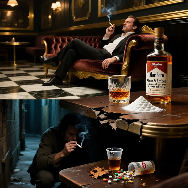 Torbice za tesnobo za kadilce, alkoholike in odvisnike od mamil: Pomembni bogataš na kavču kadi cigareto, Ubogi revež pod mizo kadi cigareto. Na mizi je steklenica viskija in kozarec ter kokain. 