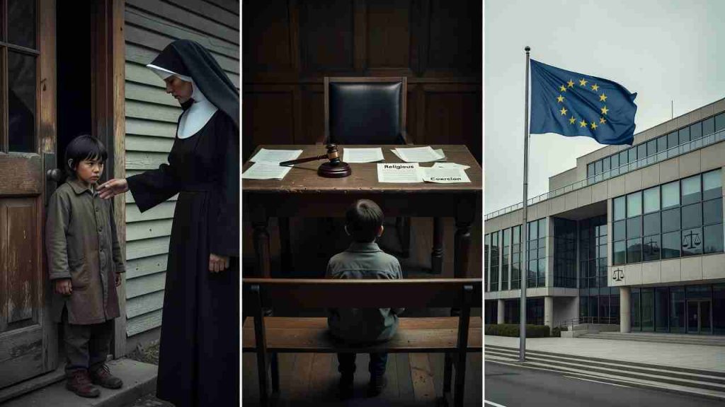 Nuna in otrok, otrok sedi na sodišču in stavba Evropske skupnosti z zastavo. 