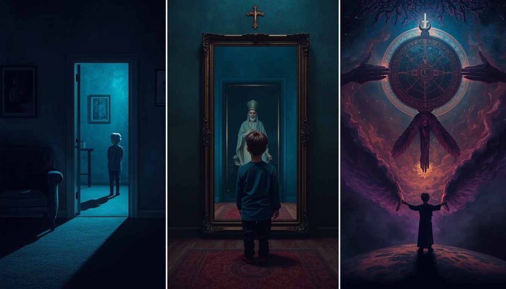 Religijsko indoktriniranje otrok: Otrok, sam v sobi pred odprtimi vrati, otrok stoji pred ogledalom, otrok drži za krila sanjskega ptiča. 