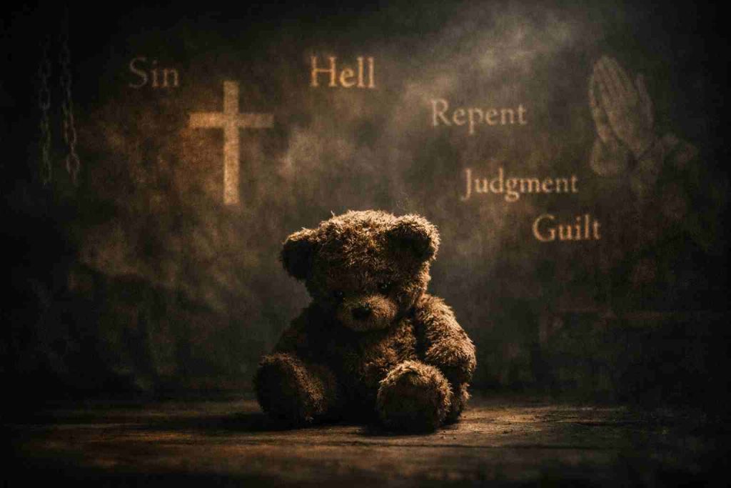 Medvedek v temnem religijskem zaporu z napisi na zidovih - hell, repent, judgment, guilt.
