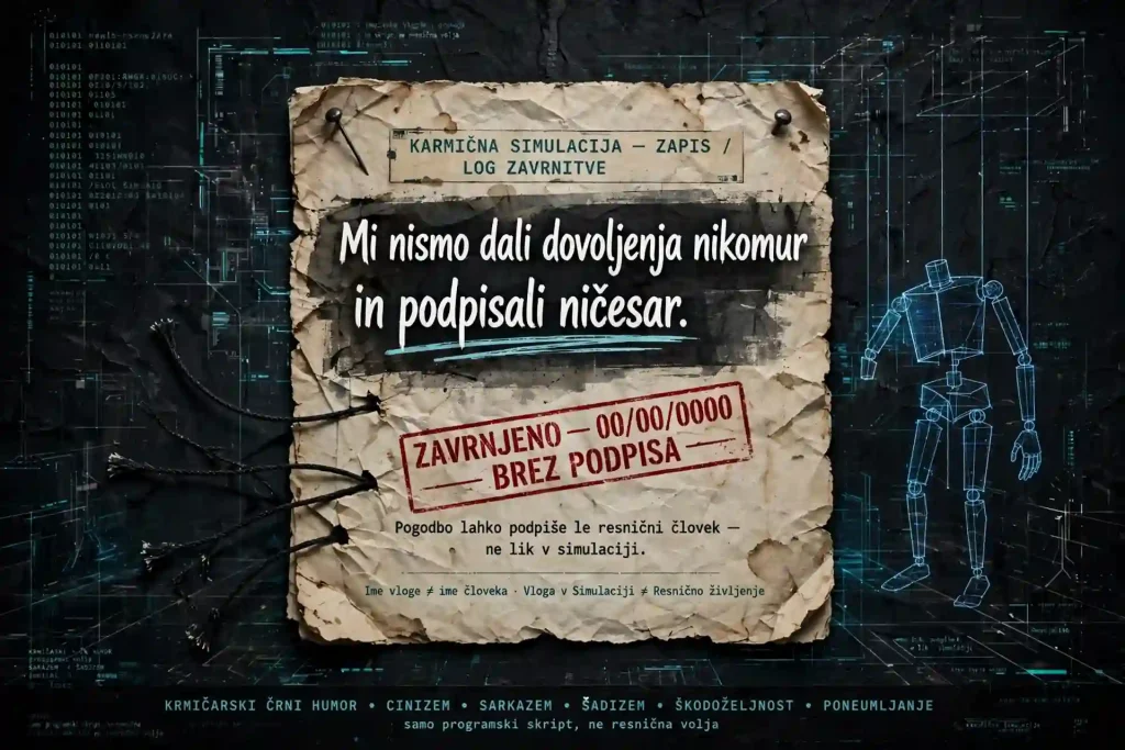Papir, na katerem piše: Mi nismo dali dovoljenja nikomur in podpisali ničesar. Na desni je lutka na vrvicah. 