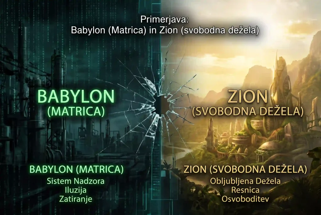 Na levi strani so ljudje zaprti v Matrici, na desni v Zionu na svobodi. 